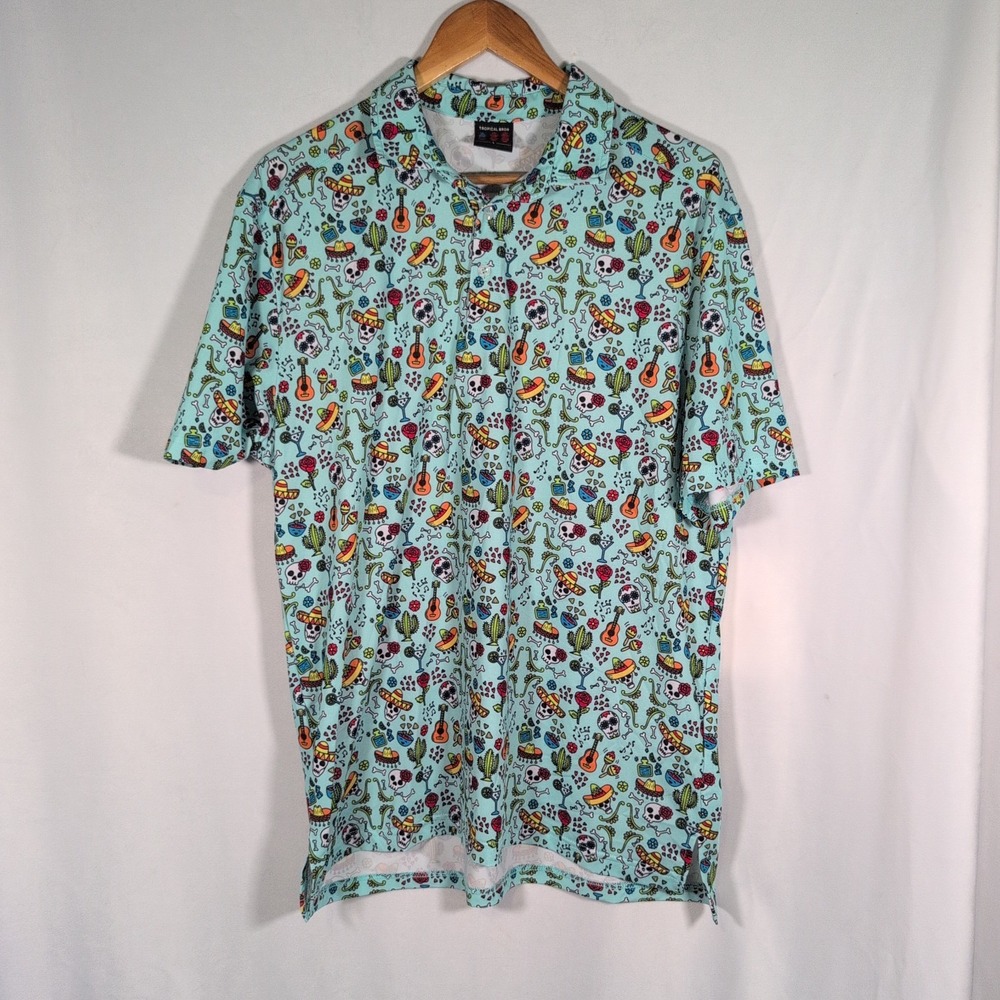 Tropical Bros Dia De Los Muertos Polo Shirt Mens L Day of The Dead Party Blue